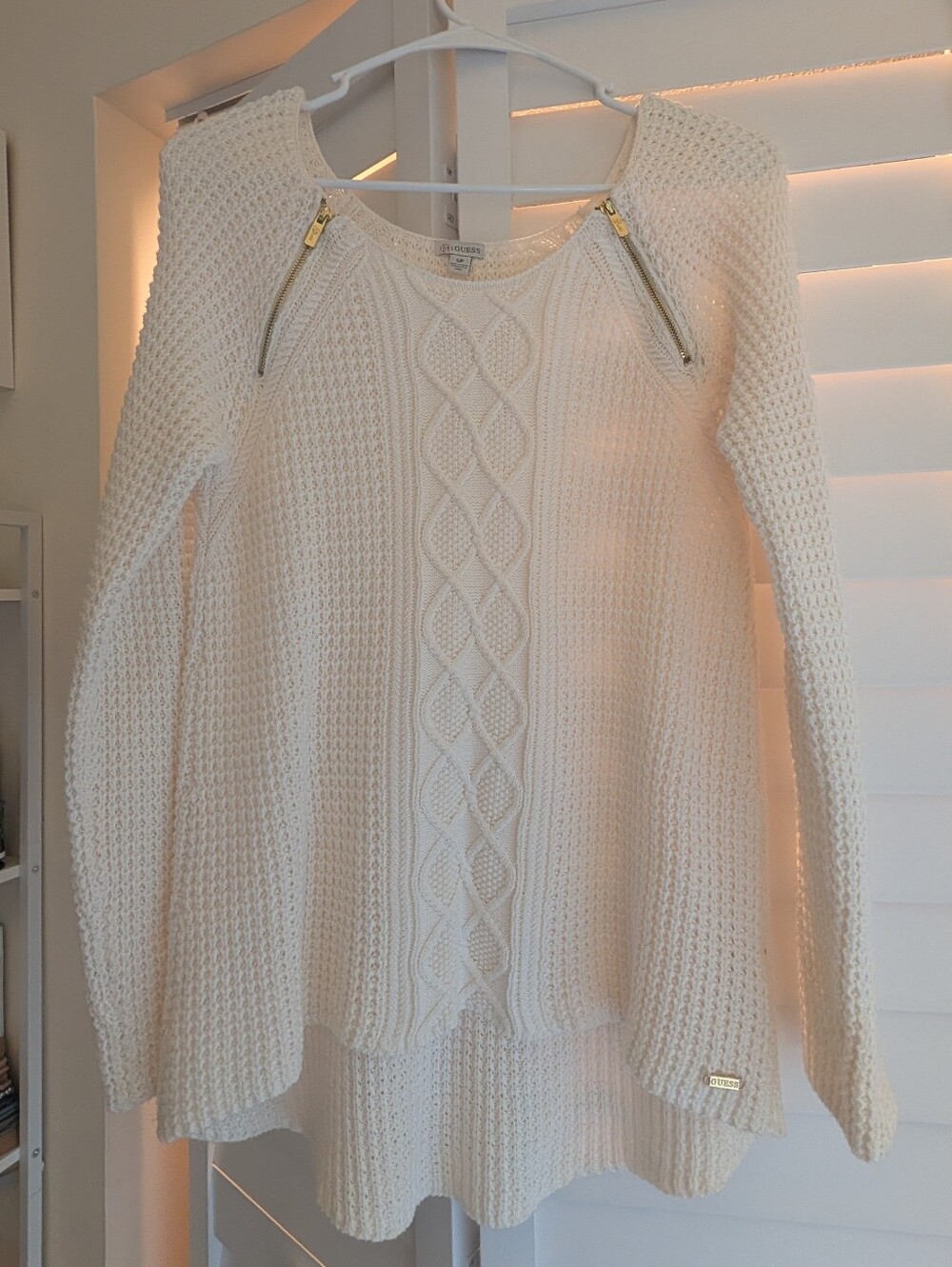 Women's Cream Cable Knit Sweater with Zip Accents